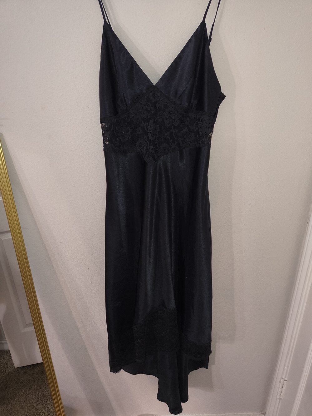 Vintage Black Satin Lace Slip Dress Midi Nightgown Goth Boudoir Y2K 90s Lingerie